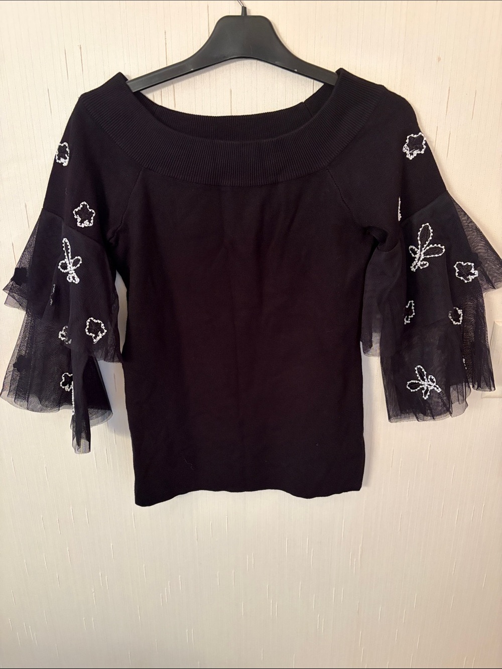 INC International Concepts Black Knit Top with Embroidered Tulle Bell Sleeves